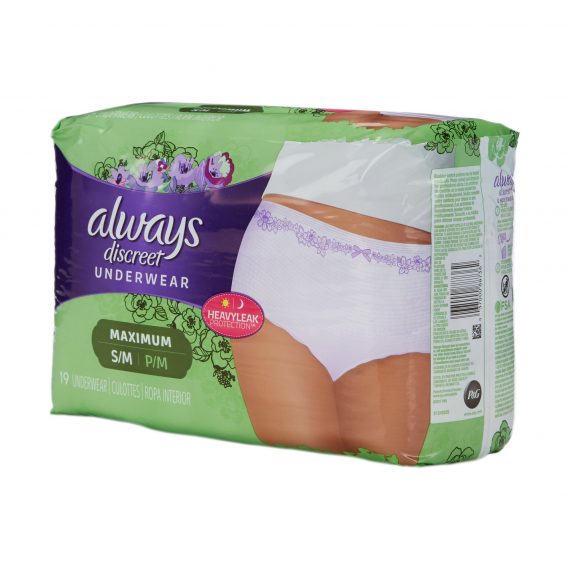 UNDERWEAR, PROTECTIVE ALWAYS DISCREET SM/MED (19/P    9PG